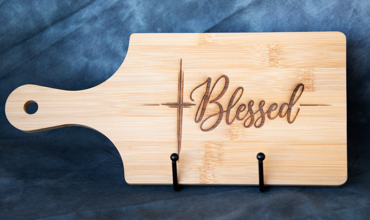 Bamboo Cutting Board w/Handle - Blessed