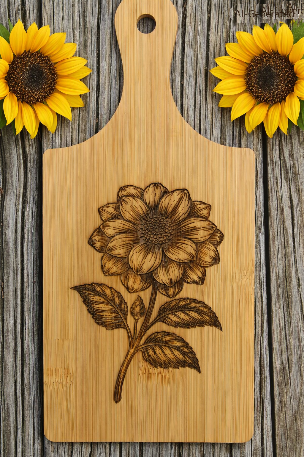 Bamboo Cutting Board w/Handle - Sunflower