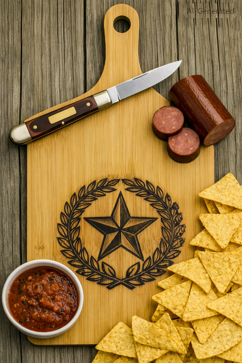 Bamboo Cutting Board w/Handle - Texas Star & Wreath